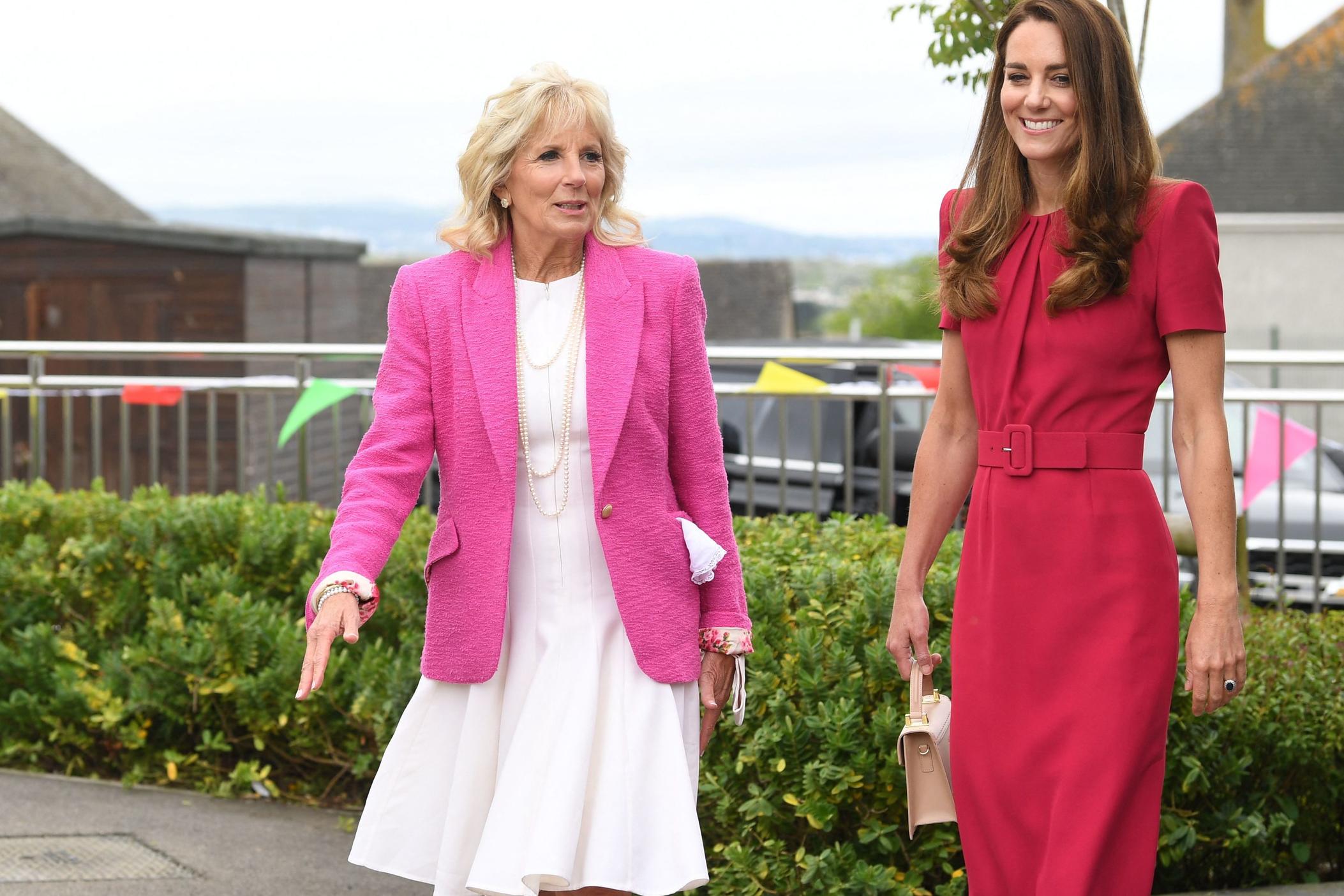 First lady Jill Biden and Britain's Catherine, Duchess of Cambridge, visit Connor Downs Academy in Hayle, England, on the sidelines of the G-7 summit Friday.