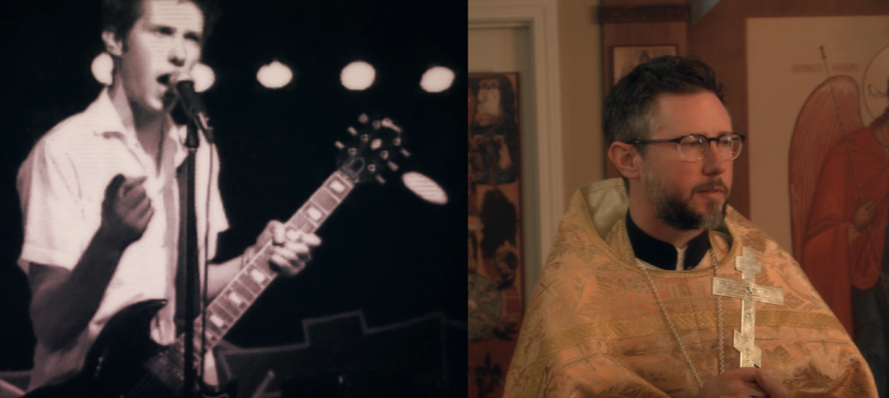 L: Luxury singer Lee Bozeman holds mic and points at audience from the stage, c. 2001. R: Luxury singer, Lee Bozeman (Father David Bozeman) conducting Liturgy in Orthodox Church.