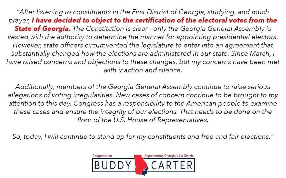Rep. Buddy Carter statement on objection to certification of electoral college votes