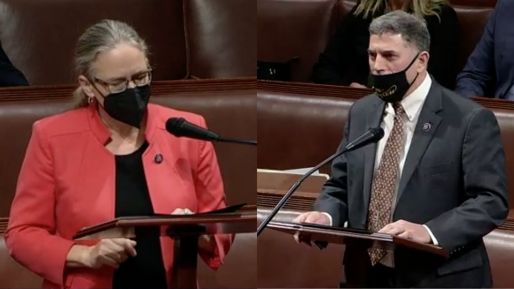A split screen image of U.S. House Reps. Carolyn Bordeaux and Andrew Clyde.