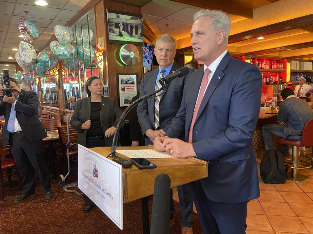 Kevin McCarthy speaks to media at a diner in Marietta.