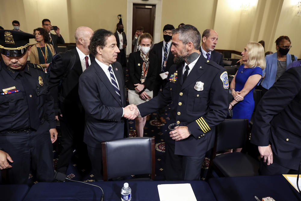 Rep. Jamie Raskin, D-Md, shakes hands with Washington Metropolitan Police Department officer Michael Fanone after a House select committee hearing on the Jan. 6 attack on Capitol Hill in Washington, Tuesday, July 27, 2021