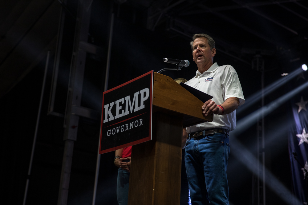 Gov. Brian Kemp touted his track record as governor during the launch of his reelection campaign in Perry, Ga., on July 10, 2021.