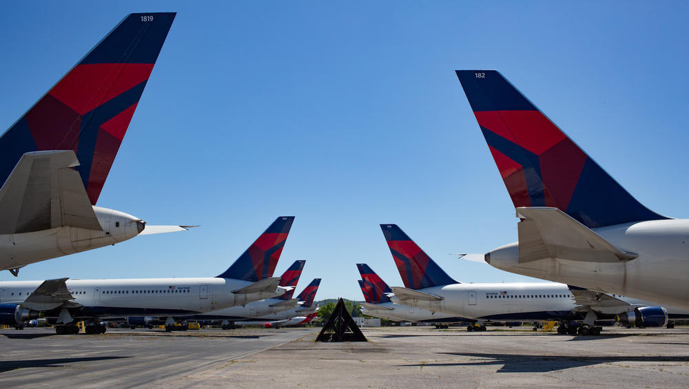 Dozens of Delta jets parked on the tarmac of the Birmingham-Shuttlesworth International Airport in 2020.