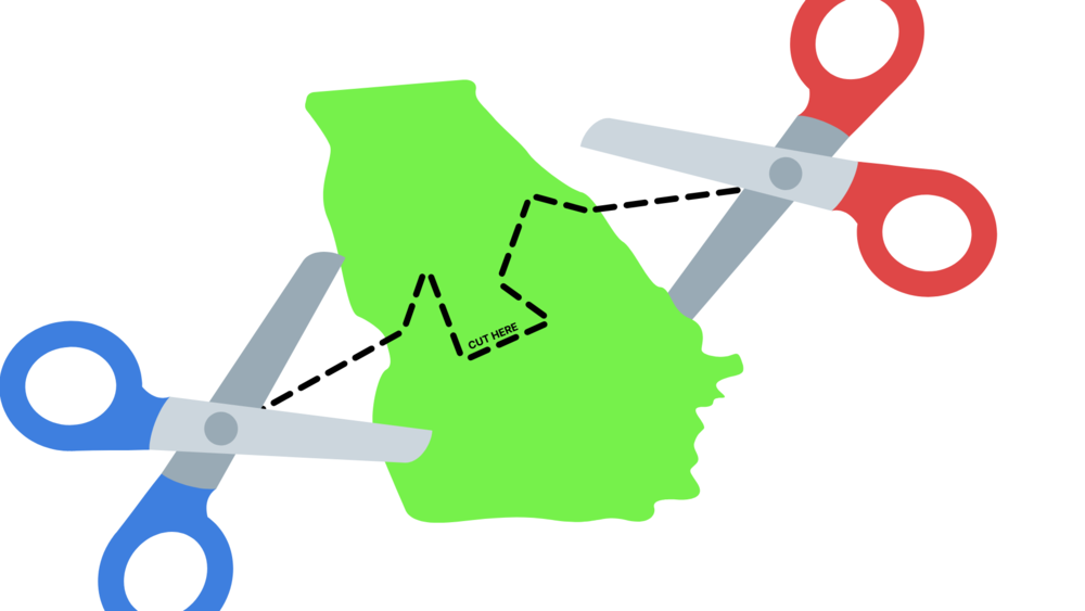 Illustration of scissors cutting Georgia into pieces.