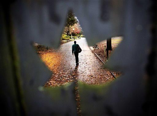 A pedestrian is seen through a cutout of a leaf on a gated entrance to Piedmont Park in Atlanta.