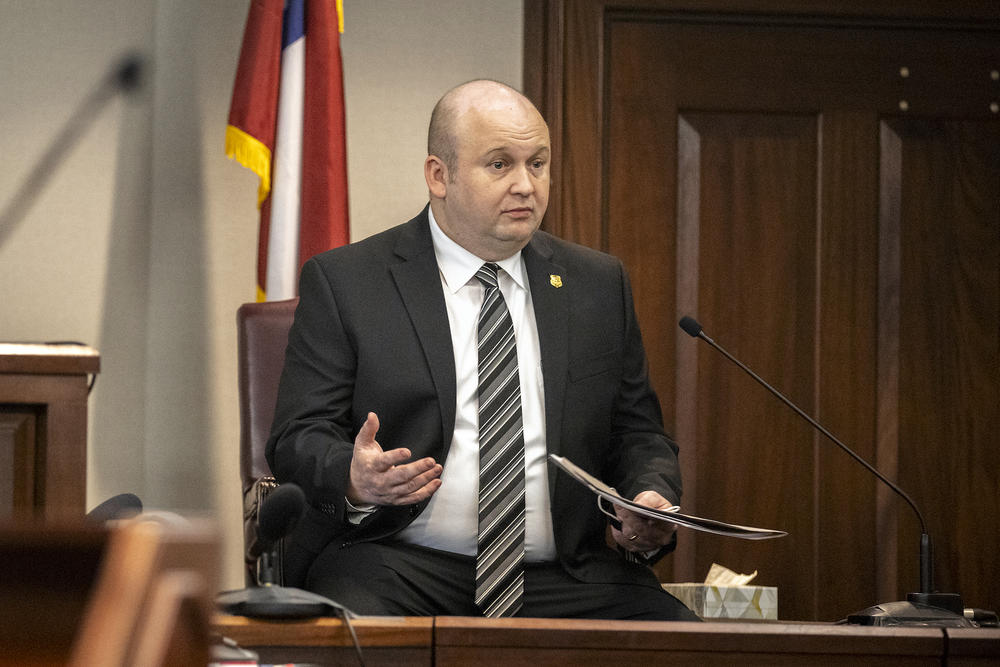 Georgia Bureau of Investigation Assistant Special Richard Dial testifies during the trial of Greg McMichael and his son, Travis McMichael, and a neighbor, William "Roddie" Bryan in the Glynn County Courthouse, Tuesday, Nov. 16, 2021, in Brunswick, Ga. 