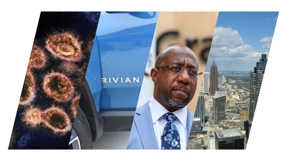 A mashup of images of COVID, a Rivian truck, Raphael Warnock and the city of Buckhead.