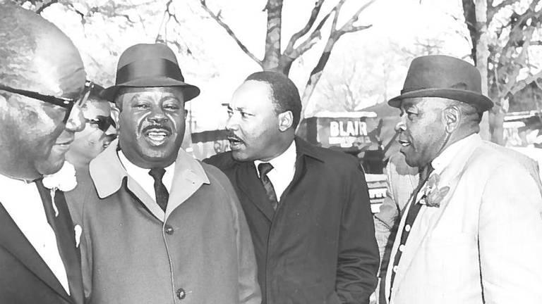 From left, William P. Randall, Ralph David Abernathy, Martin Luther King and an unidentified man during King’s visit to Macon on March 23, 1968, to speak at New Zion Baptist Church.