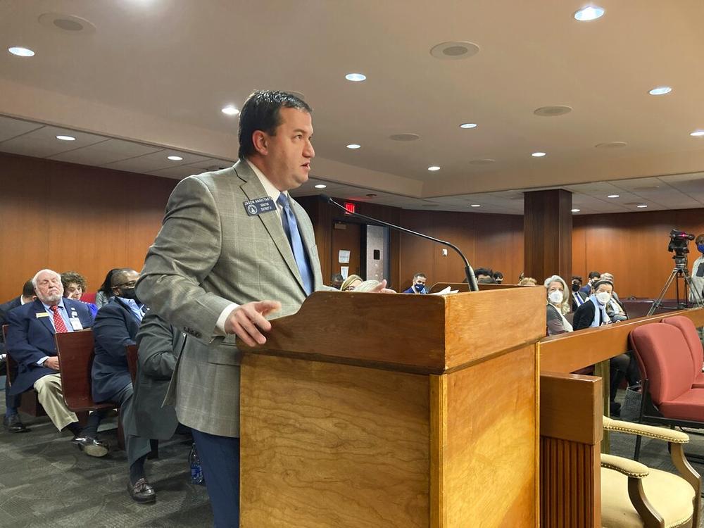 Republican state Sen. Jason Anavitarte of Dallas speaks to a House subcommittee on Tuesday, Jan. 25, 2022, at the capitol in Atlanta. Anavitarte is sponsoring a bill that would give parents a way to ask school officials to remove obscene or inappropriate materials from classes.