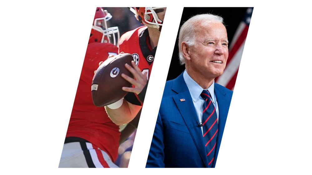 Joe Biden and a photo of UGA football side by side.