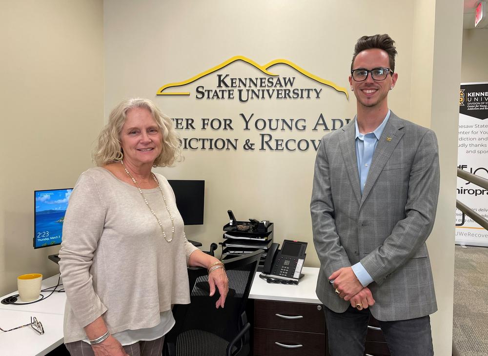 Teresa Wren Johnston and Blake Schneider at Kennesaw State University's Center for Young Adult Addiction and Recovery.