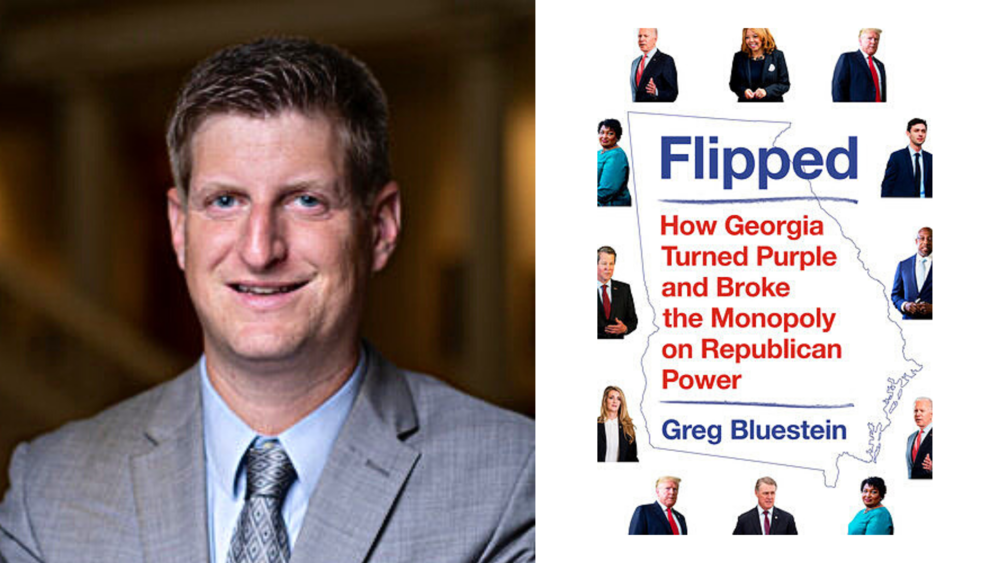 A photo of author Greg Bluestein next to the cover of his new book, "Flipped."