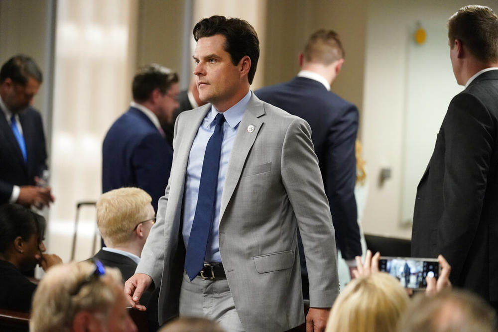 Republican Rep. Matt Gaetz, R-Fla., walks in the courtroom during U.S. Rep. Marjorie Taylor Greene's hearing, Friday, April 22, 2022, in Atlanta. Taylor Greene is expected to appear at a hearing Friday in Atlanta in a challenge filed by voters who say she shouldn't be allowed to seek reelection because she helped facilitate the attack on the Capitol that disrupted certification of Joe Biden's presidential victory.