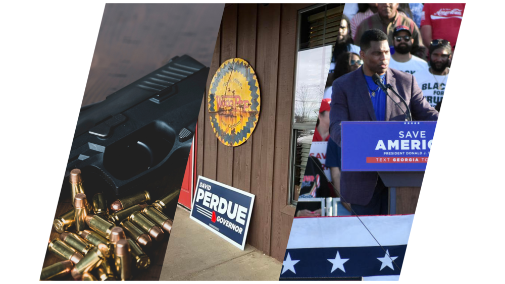 An illustration of a mashup of images, including of a pistol, a David Perdue campaign sign and Herschel Walker.