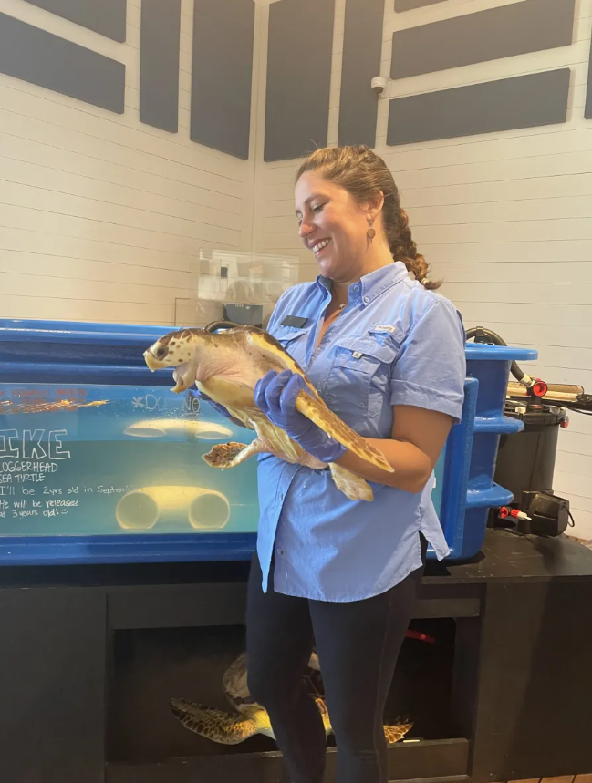 Tybee Island Marine Science Center Acting Director Chantal Audran with Ike, a 2-year-old loggerhead sea turtle. 