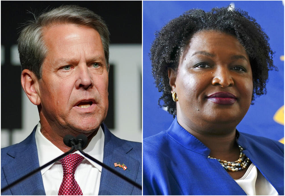 This combination of photos shows Georgia Gov. Brian Kemp, left, on May 24, 2022, in Atlanta, and gubernatorial Democratic candidate Stacey Abrams on Aug. 8, 2022, in Decatur, Ga. Early in-person voting begins in Georgia on Monday, Oct. 17, hours before the candidates for governor meet in the first of two scheduled debates. Democrats in particular are trying to push their supporters to cast ballots early in races that include a pivotal U.S. Senate seat.