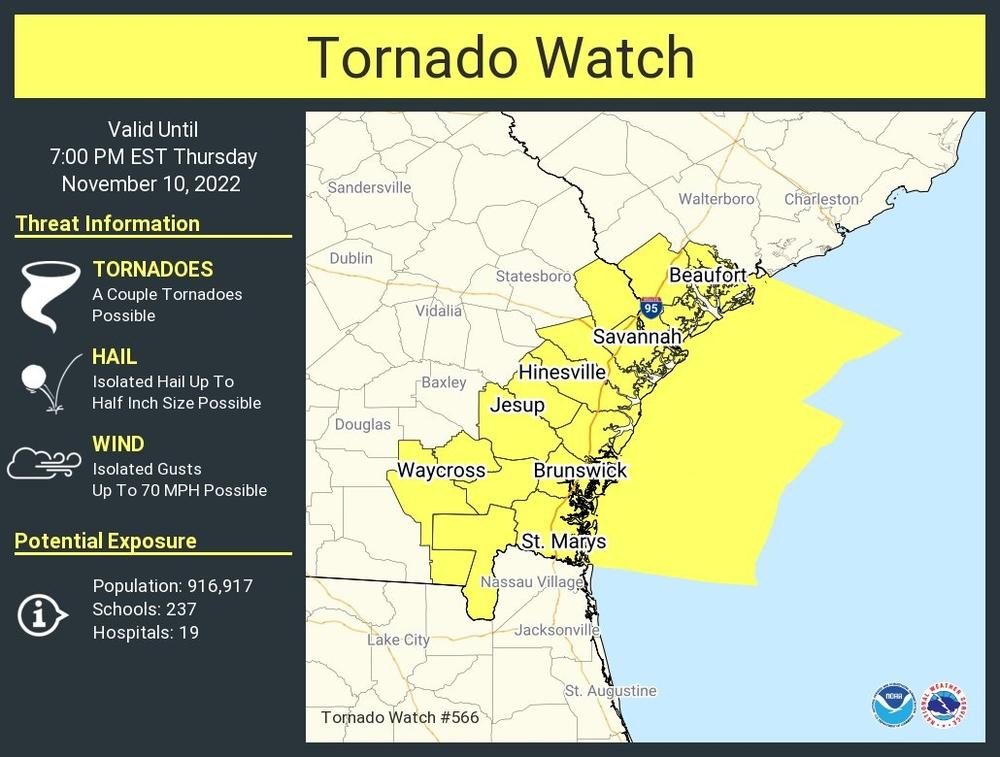 A map of coastal Georgia shows counties under a tornado watch.