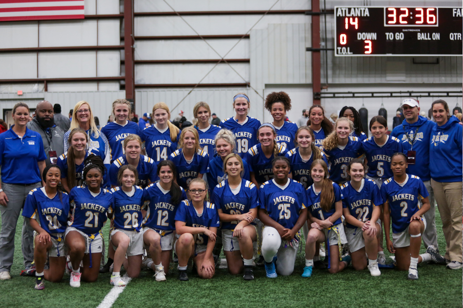 The Southeast Bulloch flag football team celebrates its 14-7 semifinal win over Loganville on Monday, Dec. 5, 2022, at the Atlanta Falcons Training Facility.