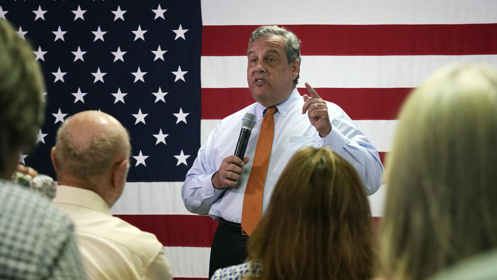 Republican presidential candidate former New Jersey Gov. Chris Christie addresses a gathering during a campaign event at V.F.W. Post 1631, Monday, July 24, 2023, in Concord, N.H. (AP Photo/Charles Krupa)
