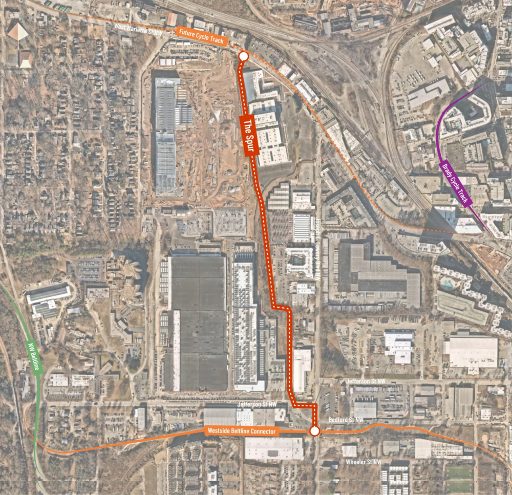 A map of “The Spur” trail planned to be built between West Marietta Street to the north and the Westside BeltLine Connector to the south. The cement trail, slated to be completed in 2025, would provide a safe off-road path for cyclists and pedestrians to travel from the Upper Westside to Downtown.