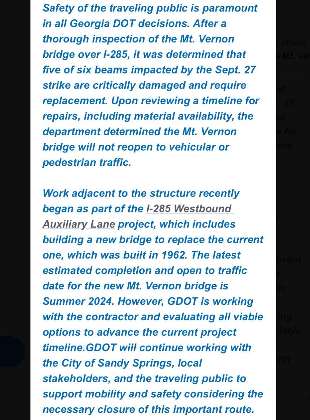 Screenshot of Georgia Department of Transportation statement on closing Mt. Vernon bridge