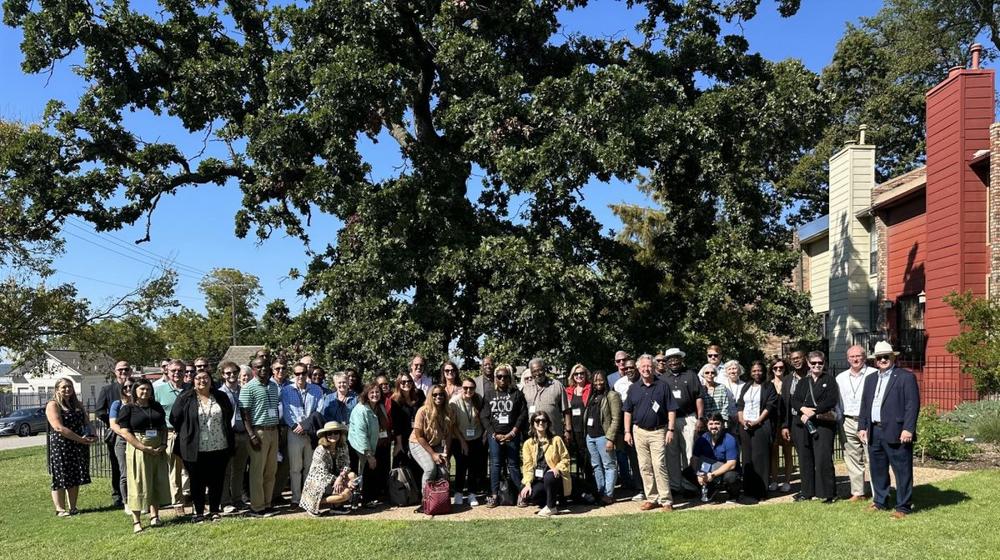 More than 50 Macon-Bibb County leaders pose in front of the Muskogee (Creek) Nation’s Council Oak Tree in Tulsa, Oklahoma, where the tribe first settled after The Trail of Tears relocated them from the South. 
