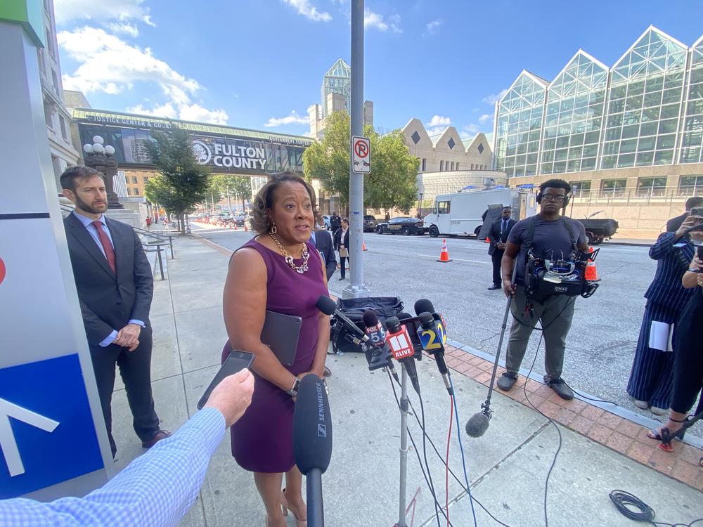 DeKalb District Attorney Sherry Boston addressed reporters on September 22 outside the Fulton County Courthouse. 