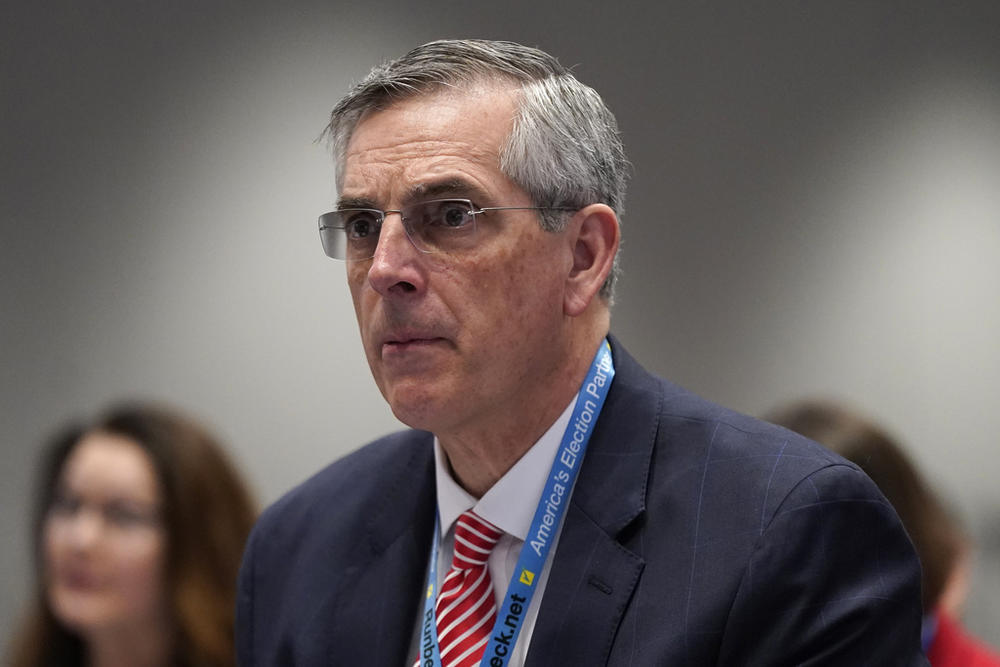 Georgia Secretary of State Brad Raffensperger attends the National Association of Secretaries of State winter meeting, Feb. 16, 2023, in Washington. A lawyer for Raffensperger said on Tuesday, Jan. 23, 2024, that a bill is unconstitutional to give Georgia's appointed State Election Board the ability to investigate Raffensperger. (AP Photo/Patrick Semansky, File)