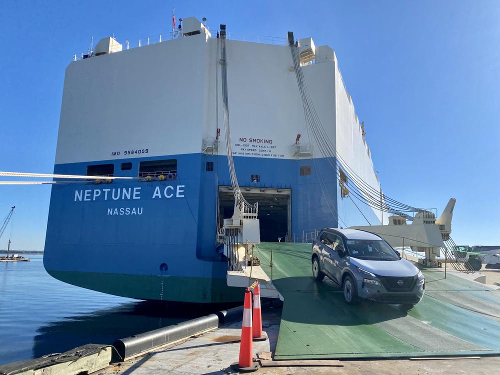 A Nissan Rogue exits the bay of the vehicle carrier Neptune Ace at the Port of Brunswick in Georgia.