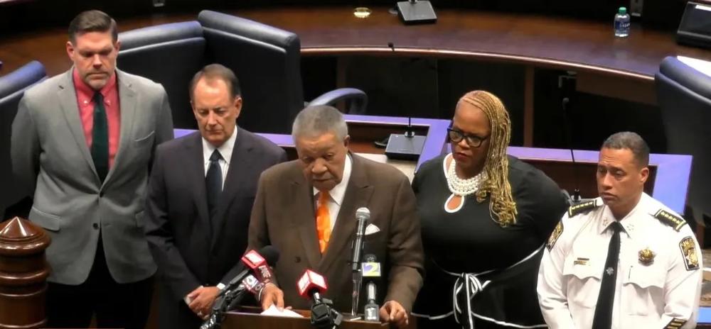 Fulton County Commission Chairman Robb Pitts, center, gave an incident briefing on a cyber attack that affected county computer systems. (FGTV)