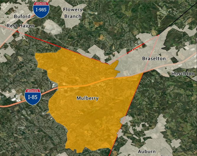 A map from the feasibility study outlining the proposed city of Mulberry in Gwinnett County.