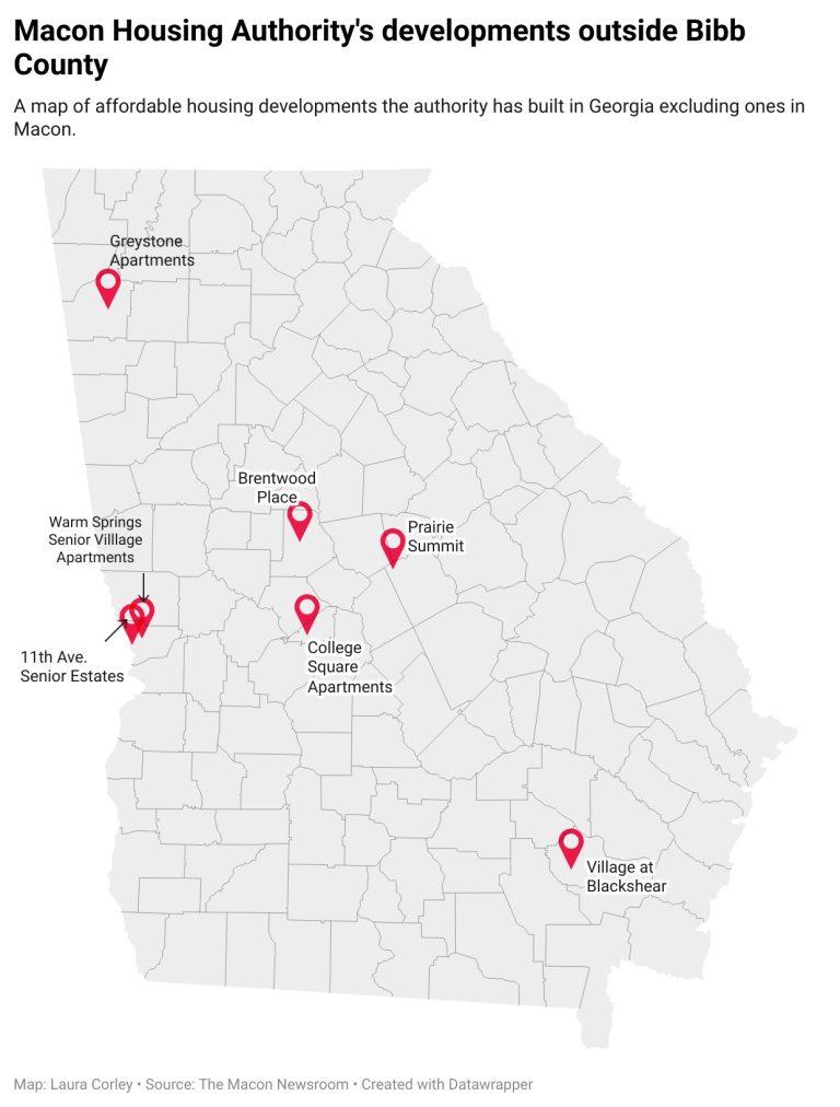 A map of affordable housing developments the authority has built in Georgia excluding ones in Macon.