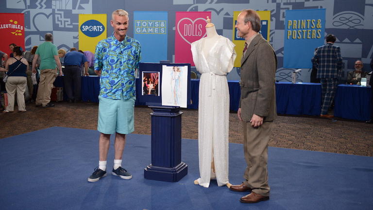 A man having a Bob Mackie beaded gown appraised on Antiques Roadshow.