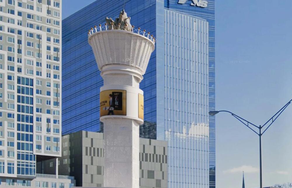 A rendering of the Centennial Tower with added signage. 