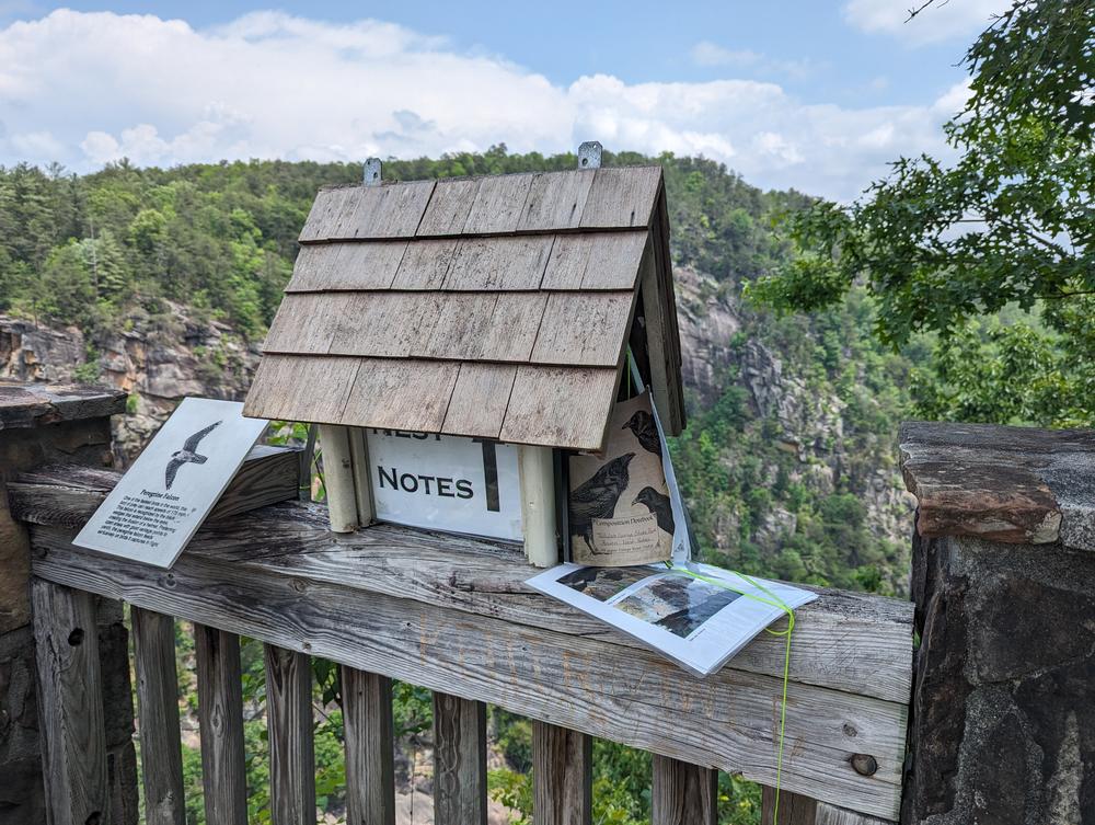 The box at Overlook 9 includes a field journal where visitors can write their birding observations, as well as instructions on how to spot the nest.