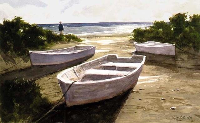 A painting is show depicting three small boats on a beach with a small human figure in the background.