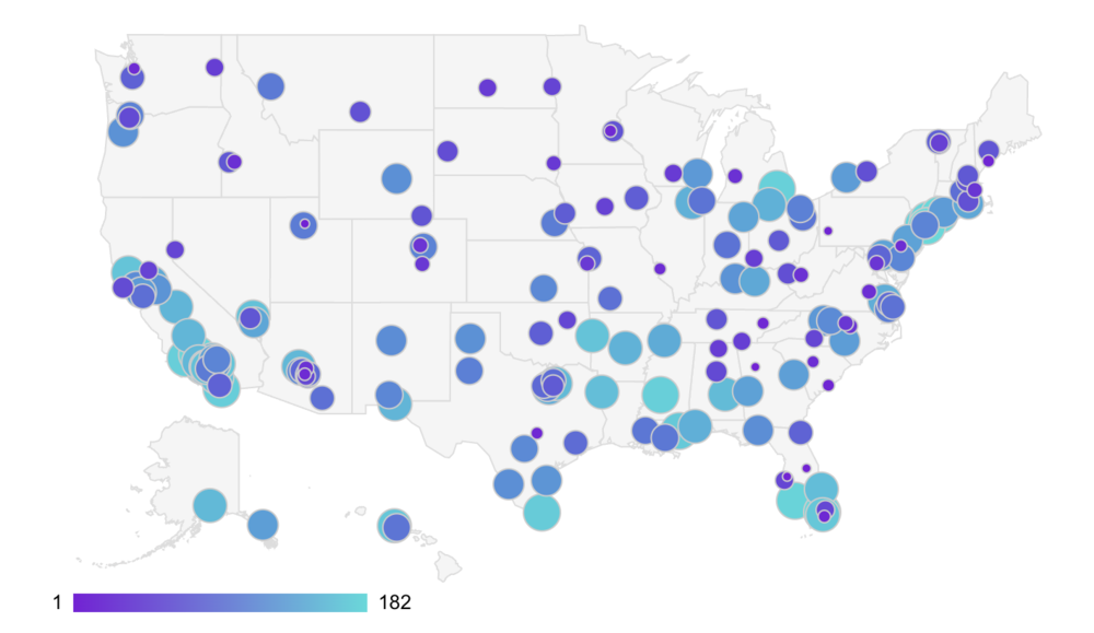 In this graphic of the 182 cities on WalletHub's list of Best and Worst Places to Start a Career, the larger dots represent the lowest-ranked cities while the smaller dots represent the higher-ranked cities.