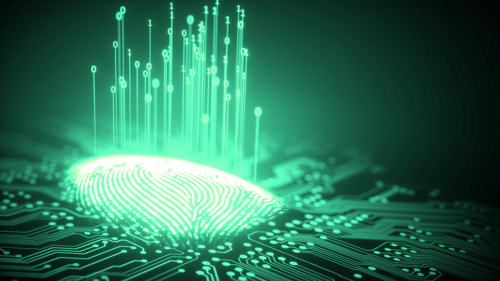 A graphic of a glowing fingerprint on a microchip.