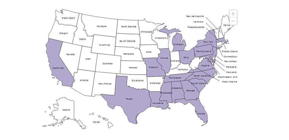 Map of the United States with shaded states represent study locations