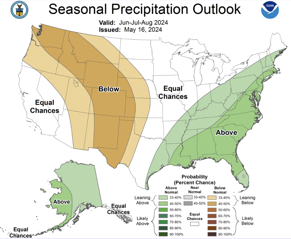 A NOAA chart shows Georgia leaning toward a 50-60% greater chance for above-average precipitation during the summer months of 2024.
