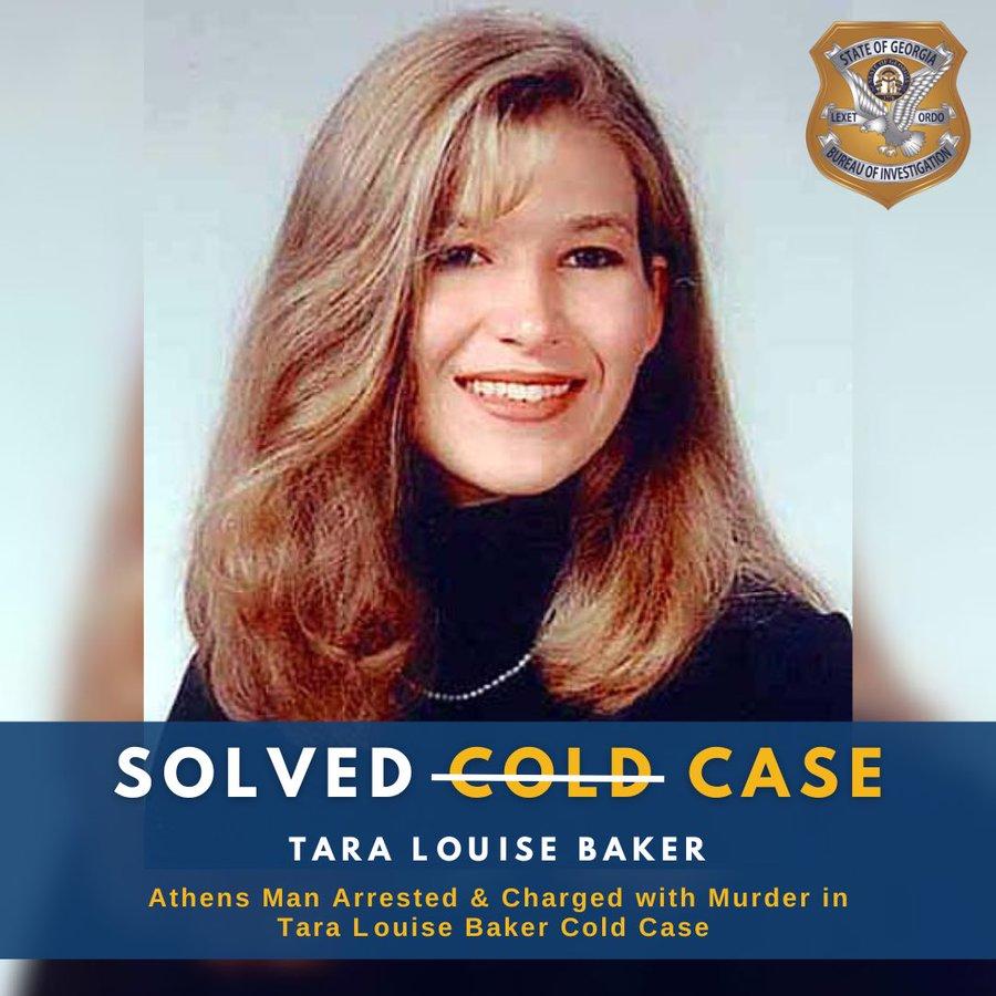 An image of Tara Louis Baker is shown on a GBI poster indicating her case is no longer "cold" but "solved."