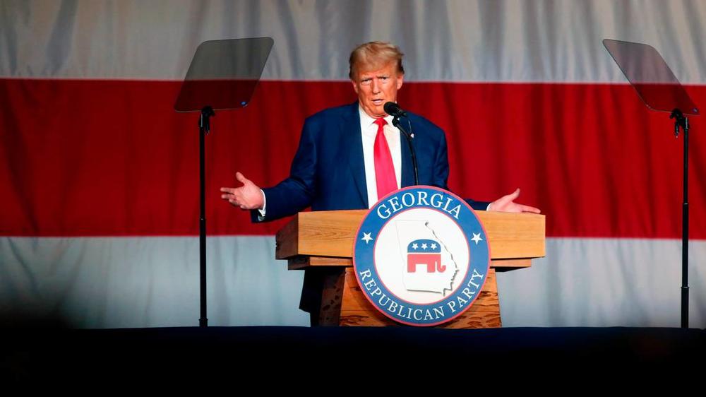 Former President Donald Trump speaks at the Columbus Convention & Trade Center during the Georgia Republican Party state convention June 10, 2023.