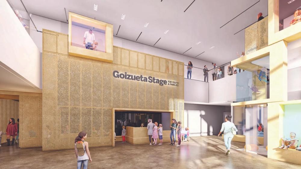 A rendering of the interior lobby of the Memorial Arts Building with the new Goizeuta Stage entrance.