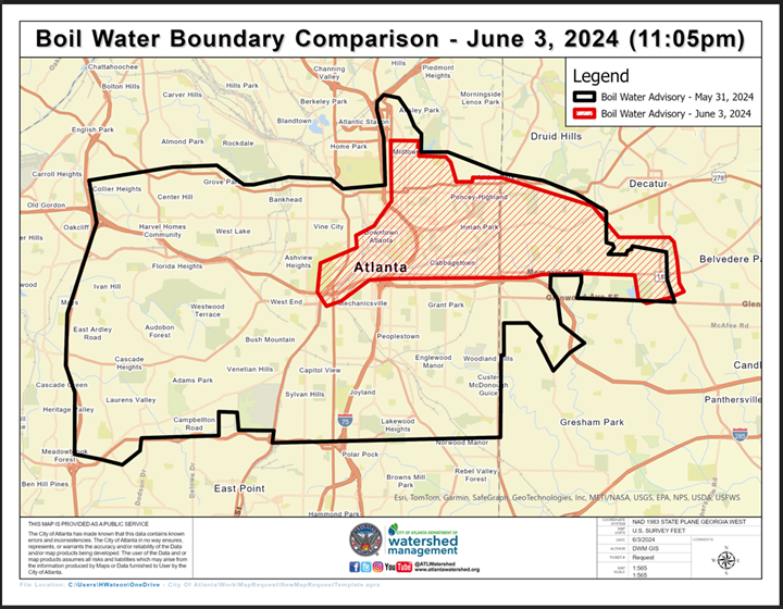 City of Atlanta map showing the updated boil water advisory area compared to the original boundaries after the main break.