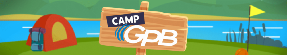 Camp GPB logo on wooden sign in front of tent and lake.