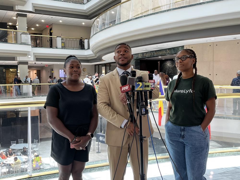 Rev. Keyanna Jones, Black Futurist Managing Director Devon Barrington and MoreLyfe Juice Co. owner Trinket Lewis spoke outside the Atlanta City Council meeting on June 3, 2024, to express their concerns over lost revenues resulting from the weekend's water main breaks.