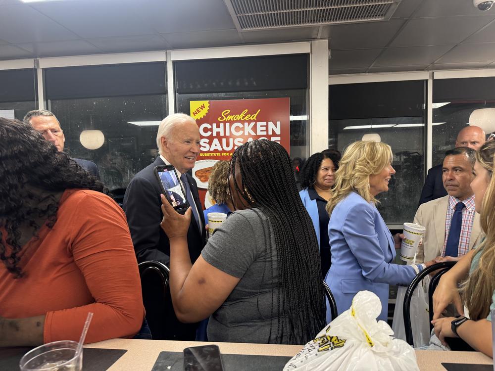 President Joe Biden and first lady Jill Biden visit a Waffle House on Cobb Parkway before boarding Air Force One for a 12:45 a.m. depature on Friday, June 28, 2024.
