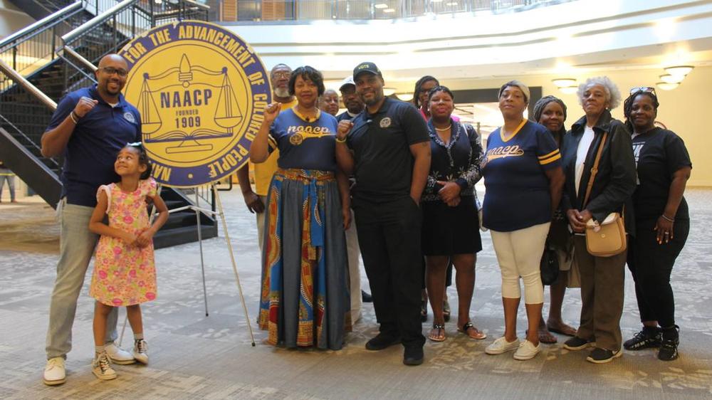 Members of the NAACP’s Georgia and Macon-Bibb County chapters held a press conference in front of the county Board of Elections Office May 10, 2024. (JESSE FRAGA)