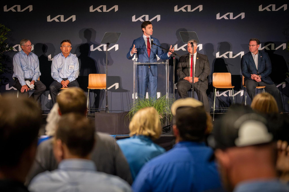 U.S. Senator Jon Ossoff celebrated the start of production for KIA’s first American-made electric vehicle at the West Point plant on May 30, 2024. (Ossoff Press)